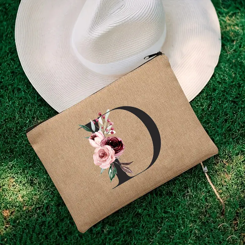Letter Font Clutch Custom Name Letter Flower Combination Linen Lipstick Bag Travel Organizer Case Simple Wristlet Clutch Bag