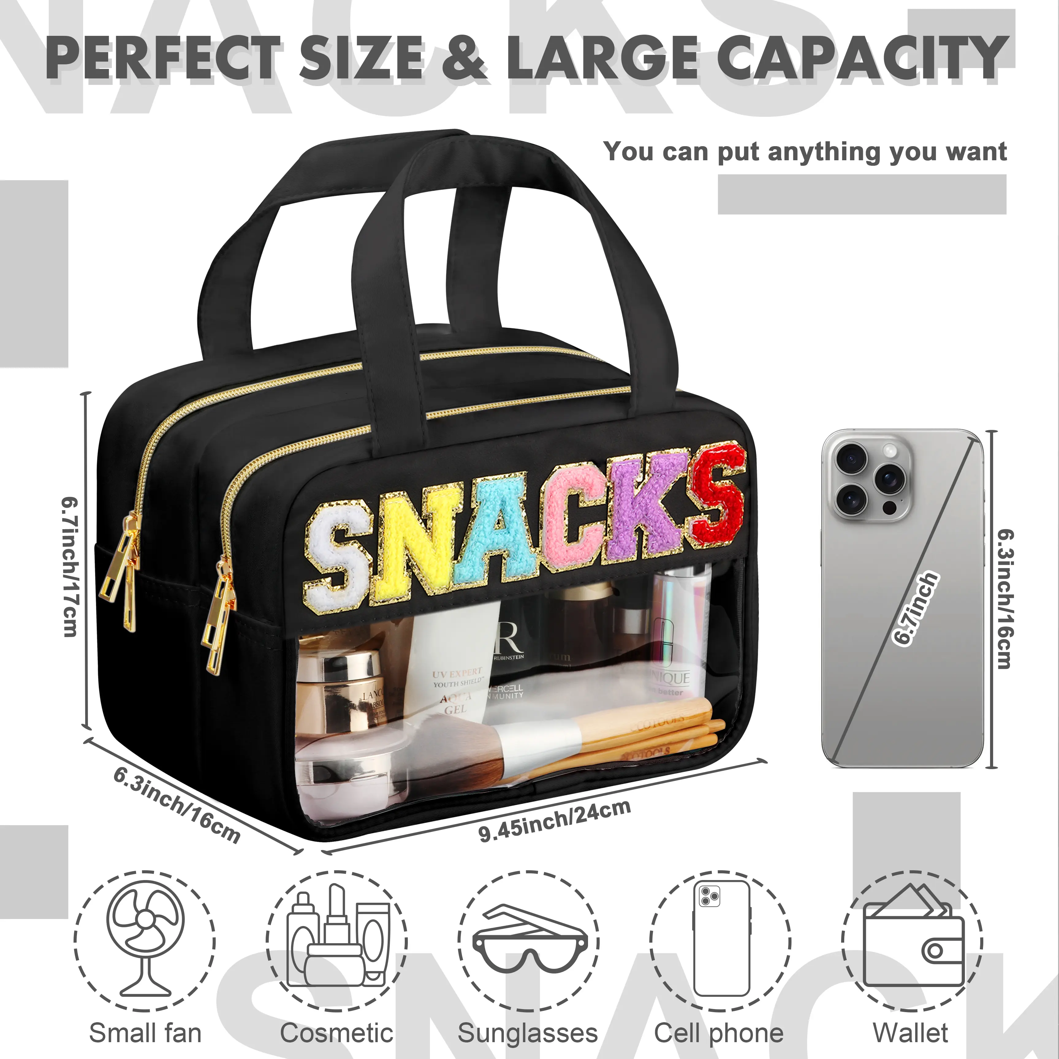 Women Chenille Letter Clear Makeup Bags Girls Preppy Patch Waterproof Nylon Cosmetic Bag Travel Toiletry Bag Zipper Handbag