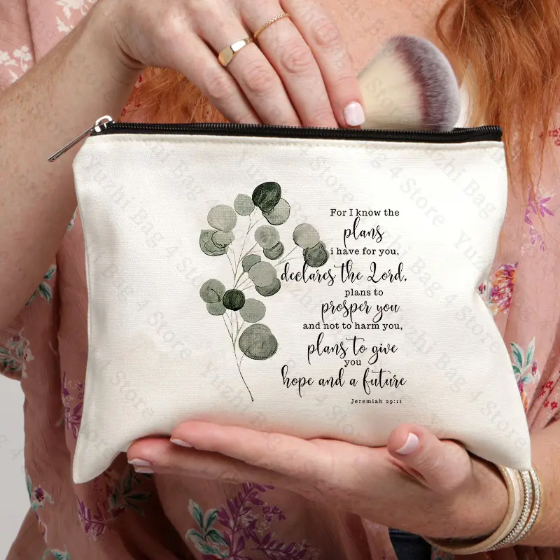 Bible Scripture Jeremiah 29:11 for I Know The Plans Watercolor Eucalyptus Leaf Pattern Makeup Cosmetic Bag Christian Religious