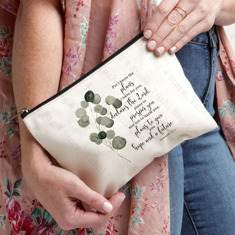 Bible Scripture Jeremiah 29:11 for I Know The Plans Watercolor Eucalyptus Leaf Pattern Makeup Cosmetic Bag Christian Religious