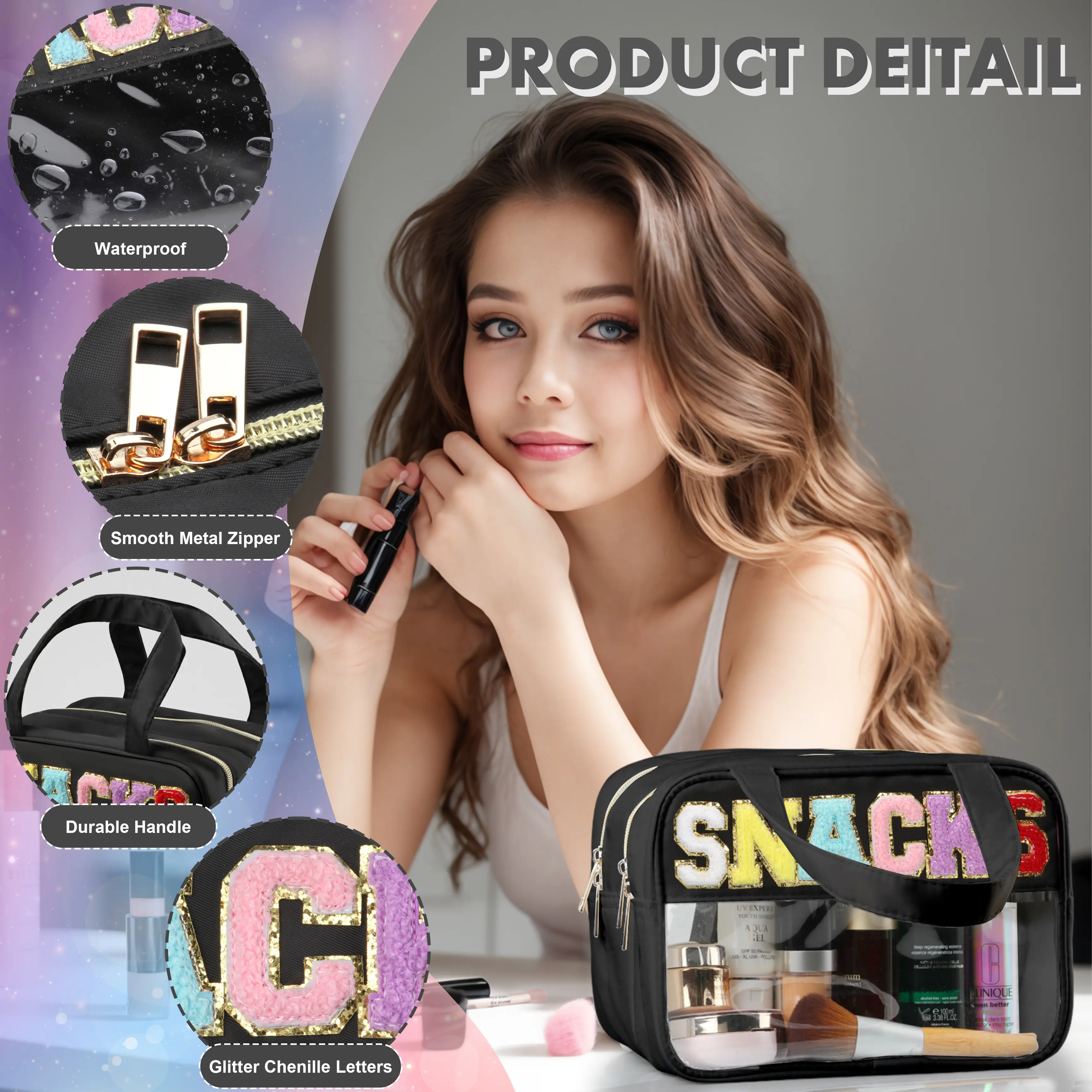 Women Chenille Letter Clear Makeup Bags Girls Preppy Patch Waterproof Nylon Cosmetic Bag Travel Toiletry Bag Zipper Handbag