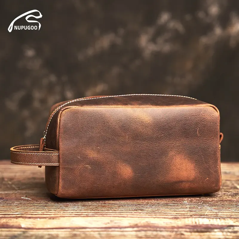 NUPUGOO Genuine Leather Clutch Bag Crazy Horse Skin Cosmetic Bag Multifunctional Wash Bag Leisure Storage Bag