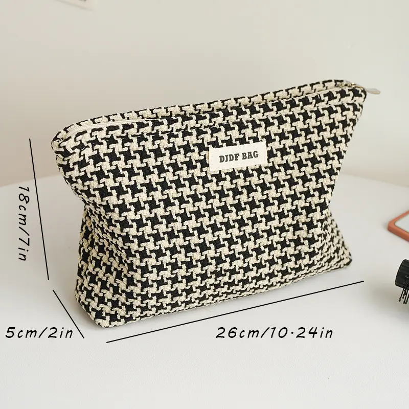 DJDF Women's Cosmetic Bag Black & White Houndstooth Skincare Products Large Capacity Storage Bag Portable Travel Toiletry Bag