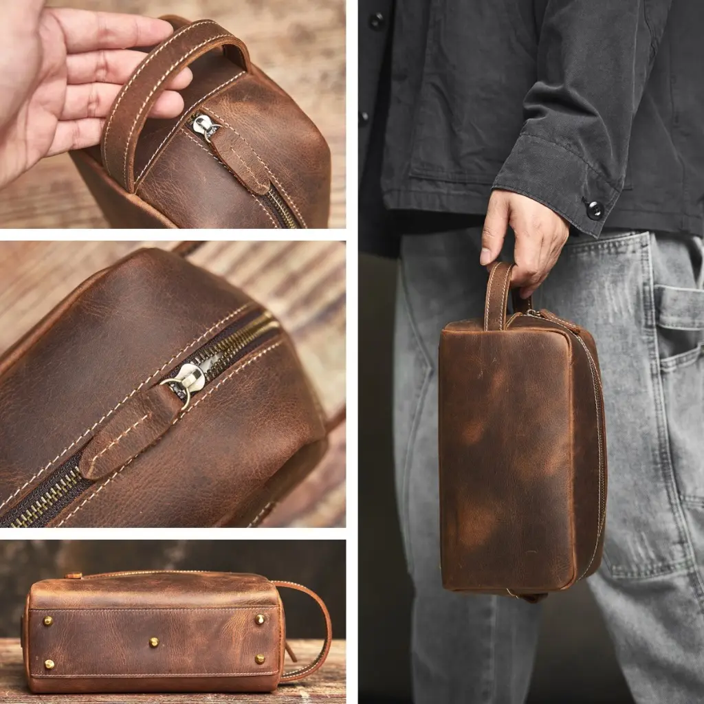 NUPUGOO Genuine Leather Clutch Bag Crazy Horse Skin Cosmetic Bag Multifunctional Wash Bag Leisure Storage Bag