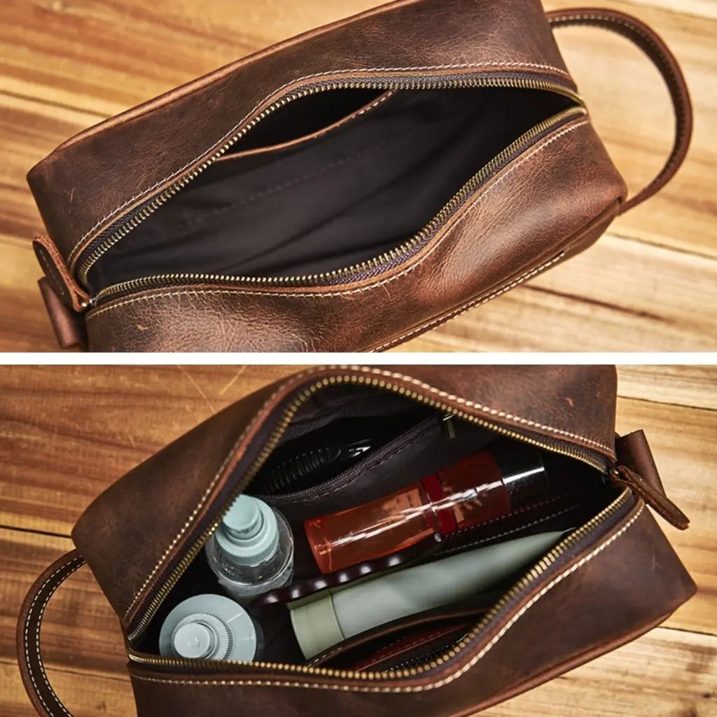 NUPUGOO Genuine Leather Clutch Bag Crazy Horse Skin Cosmetic Bag Multifunctional Wash Bag Leisure Storage Bag