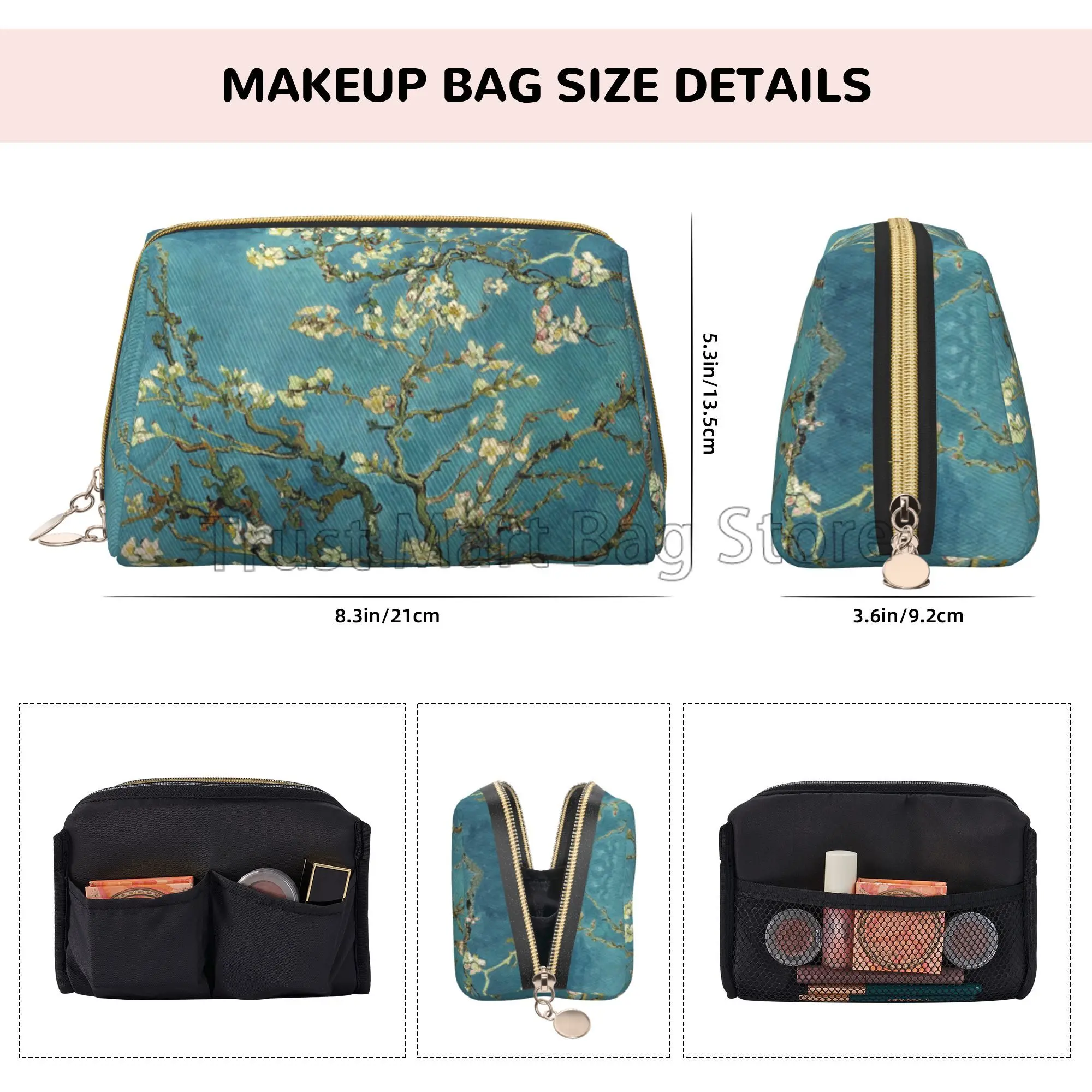 Vincent Van Gogh Almond Blossom Large Travel Makeup Bag Leather Cosmetic Bags Storage Bag for Women Waterproof Toiletry Pouch