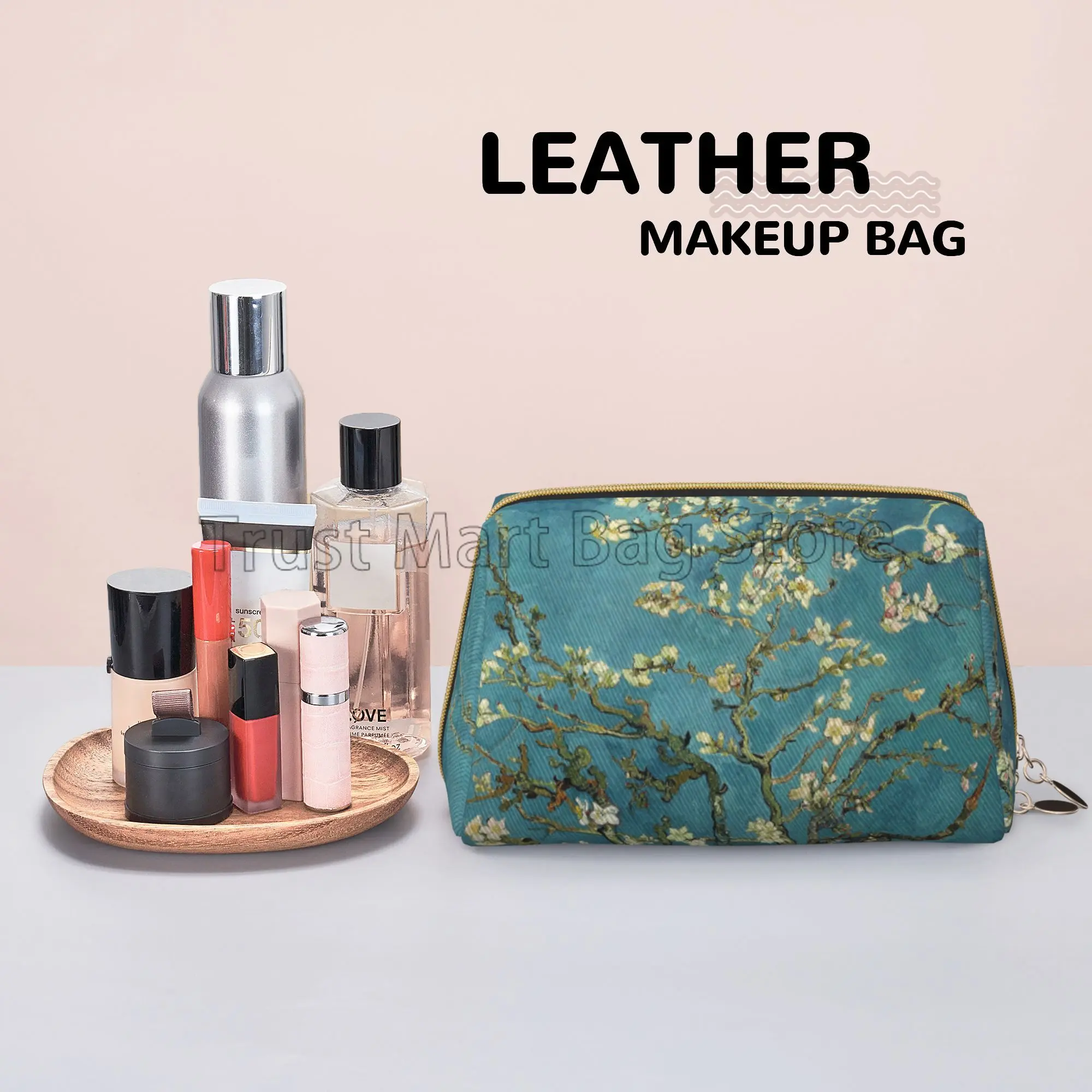 Vincent Van Gogh Almond Blossom Large Travel Makeup Bag Leather Cosmetic Bags Storage Bag for Women Waterproof Toiletry Pouch