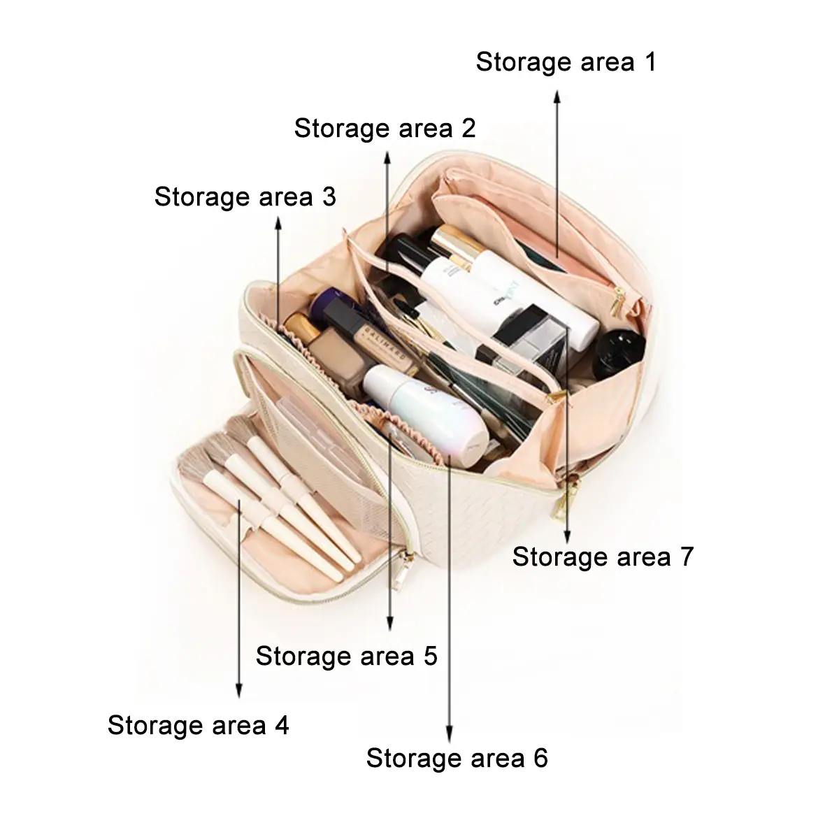 Woven Texture Makeup Bag with Large Capacity - Cream Color Pu Leather Waterproof Cosmetic Bag Portable Outdoors