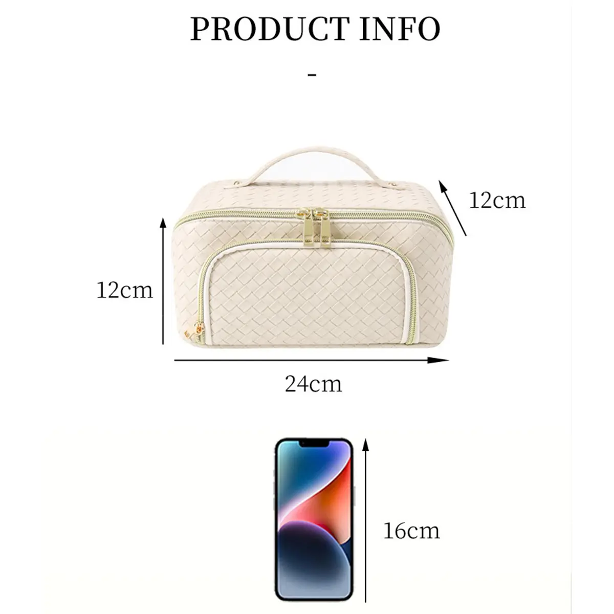 Woven Texture Makeup Bag with Large Capacity - Cream Color Pu Leather Waterproof Cosmetic Bag Portable Outdoors
