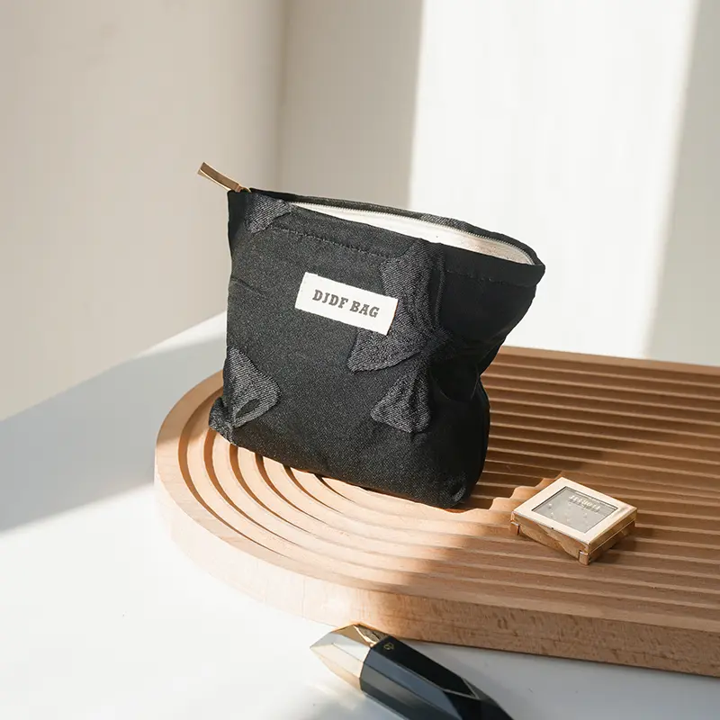 Black Bow Women's Makeup Bag Portable Compact Cosmetic Lipstick Storage Bag Commuter Clutch Bag Zipper Design Coin Purse Ins