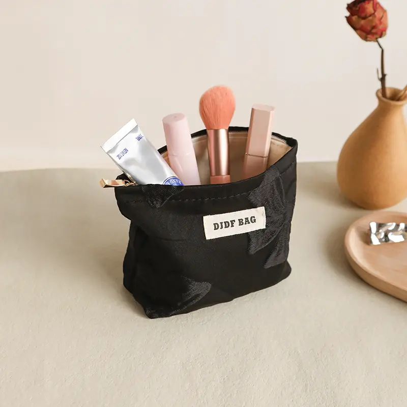 Black Bow Women's Makeup Bag Portable Compact Cosmetic Lipstick Storage Bag Commuter Clutch Bag Zipper Design Coin Purse Ins