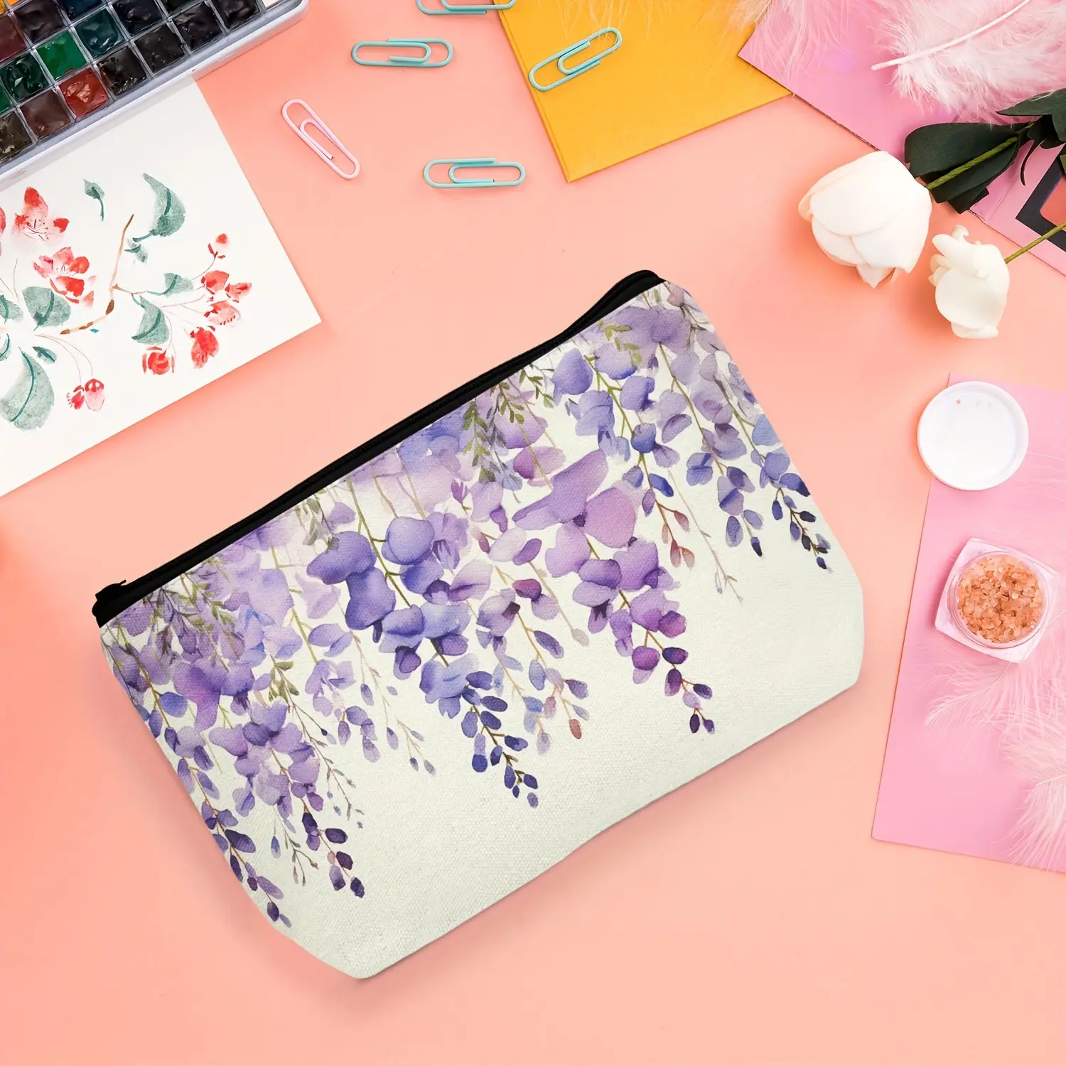 Artistic Lavender Flower Makeup Bag Fashionable Cosmetic for Teen Girls Cosmetic Bag Casual Travel Toiletry Storage Bags