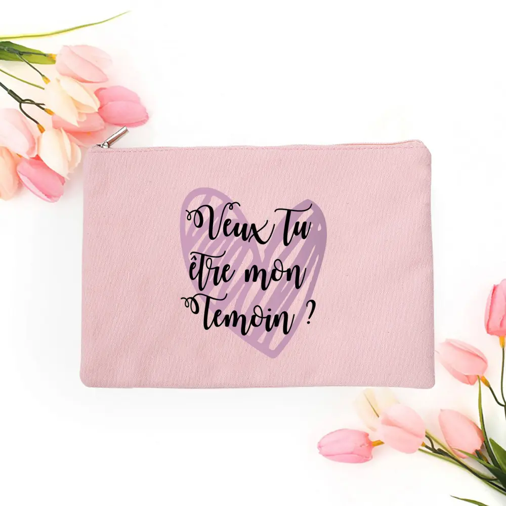 Do You Want To Be My Witness French Print Makeup Bag Female Neceser Toiletry Storage Linen Zipper Bags Wedding Gift for Witness