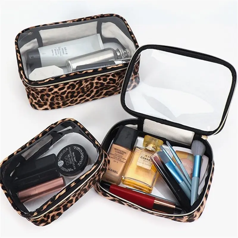 Waterproof Large Capacity Leopard Print Clear Makeup Bag Portable Travel Toiletries Storage Cosmetic Organizer with Zipper