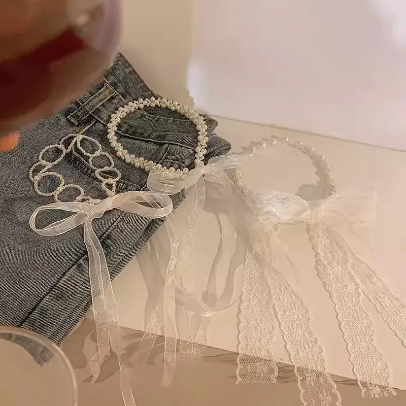 Korean Pearl Headband Girls Women Lace Headwear Lace Sweet Princess Hair Headdress Party Wedding Children Hairband Accessories