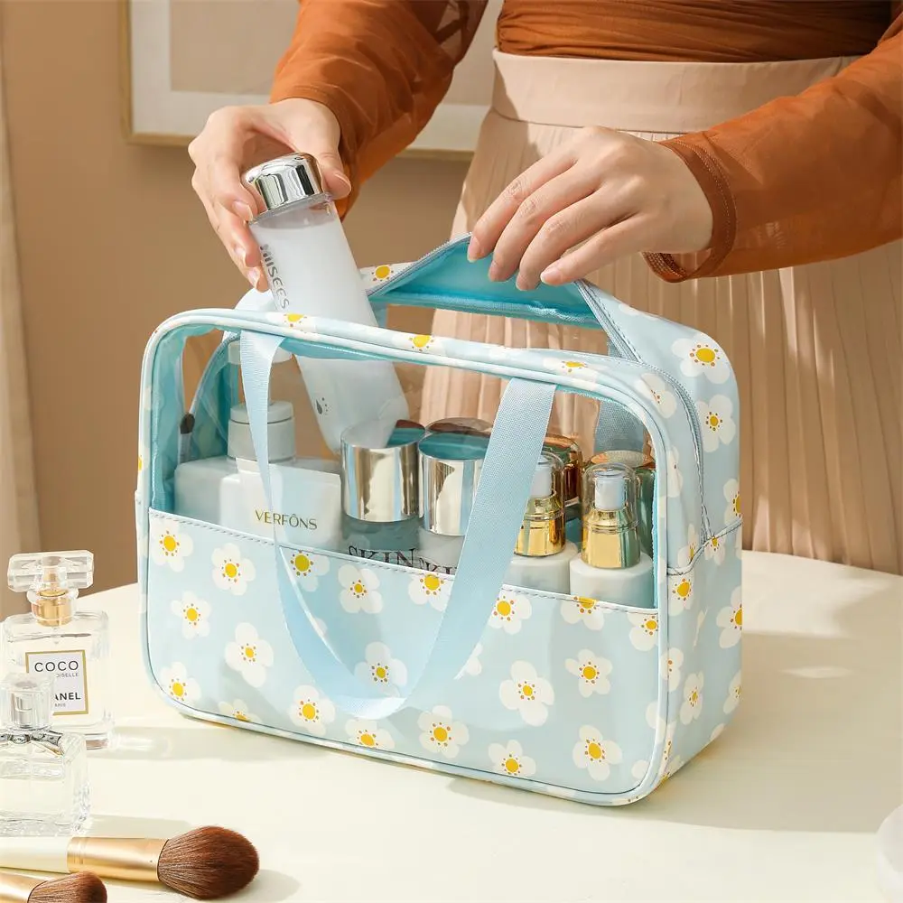 4PCS PVC Makeup Bag Flower Printed Transparent Wash Handbag Waterproof Travel Cosmetic Pouch Convenient Toiletries Bag CoinPurse
