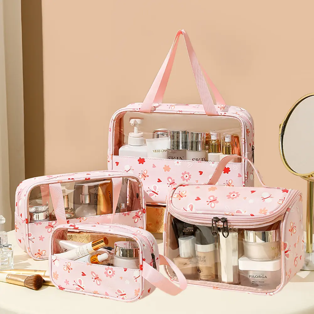 4PCS PVC Makeup Bag Flower Printed Transparent Wash Handbag Waterproof Travel Cosmetic Pouch Convenient Toiletries Bag CoinPurse