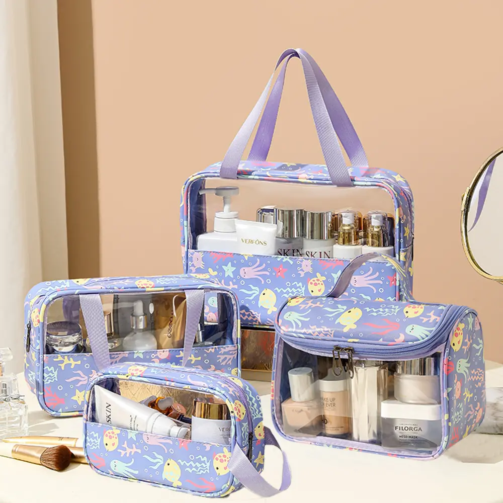 4PCS PVC Makeup Bag Flower Printed Transparent Wash Handbag Waterproof Travel Cosmetic Pouch Convenient Toiletries Bag CoinPurse