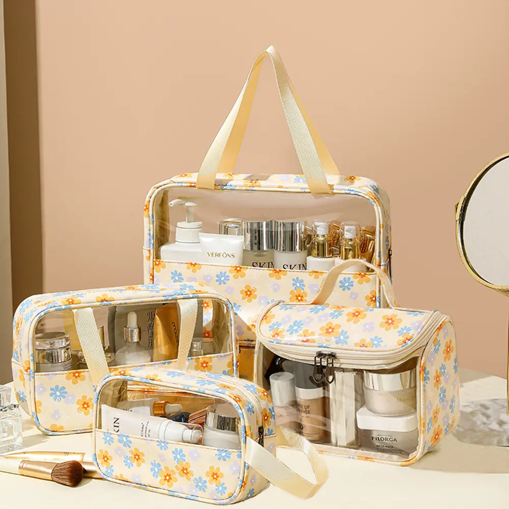 4PCS PVC Makeup Bag Flower Printed Transparent Wash Handbag Waterproof Travel Cosmetic Pouch Convenient Toiletries Bag CoinPurse