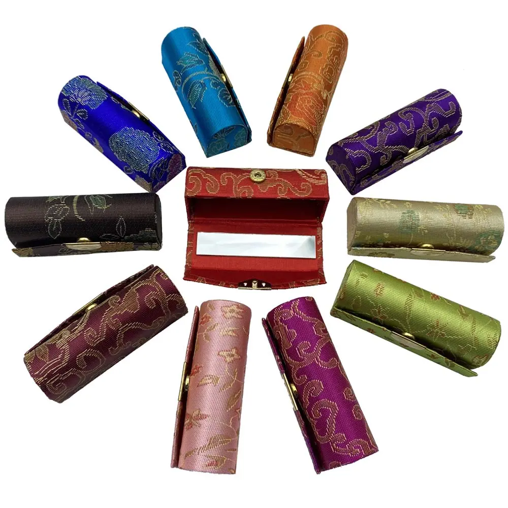 Flower Jacquard Lipstick Case Single Jewellery Box Lip Gloss Storage Case Cosmetic Bags With Mirror Women Makeup Storage Box