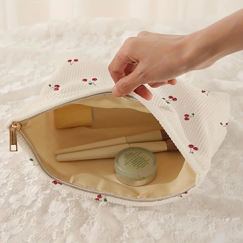 Cherry printed corduroy makeup bag, lightweight zipper makeup storage box, multifunctional bag with lining