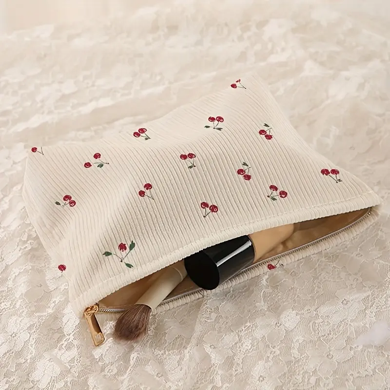 Cherry printed corduroy makeup bag, lightweight zipper makeup storage box, multifunctional bag with lining