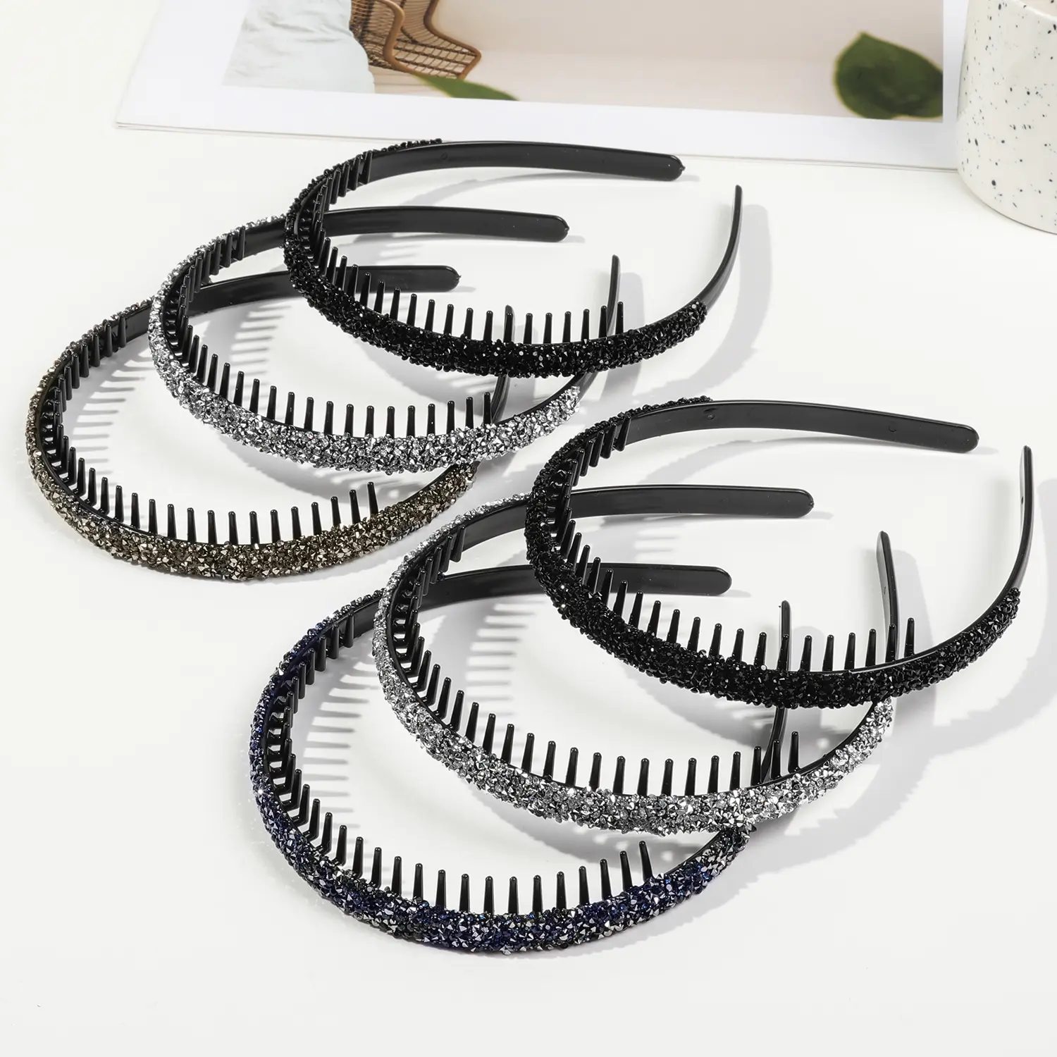 3Pcs Crystal Rhinestone Headbands for Women Girls Sparkly Beaded Hair Hoops Clear Black Weave Narrow Hair Bands Hair Accessories