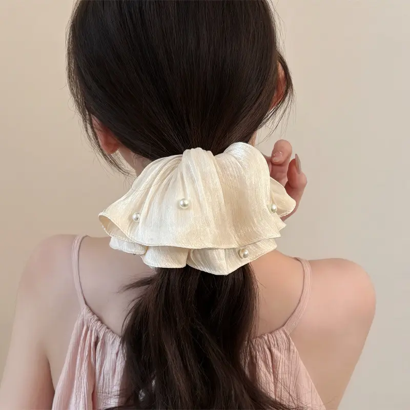 High-End Super Fairy Imitation Pearl Mesh Headband with Pleated Texture Floral Hair Rope Ponytail Accessory