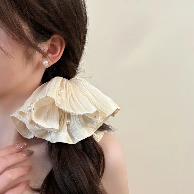 High-End Super Fairy Imitation Pearl Mesh Headband with Pleated Texture Floral Hair Rope Ponytail Accessory