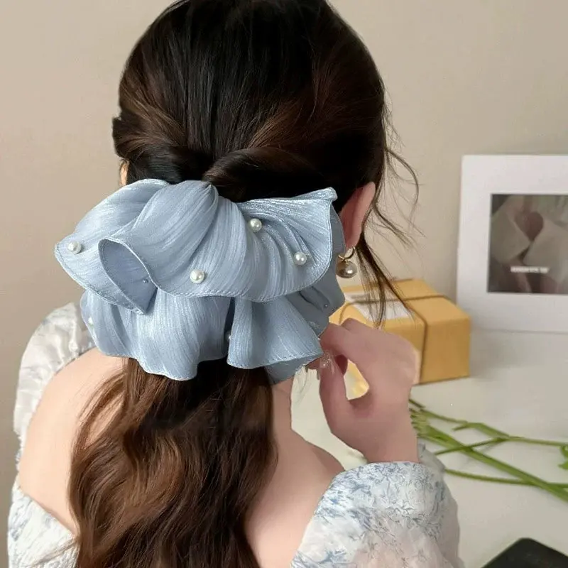 High-End Super Fairy Imitation Pearl Mesh Headband with Pleated Texture Floral Hair Rope Ponytail Accessory
