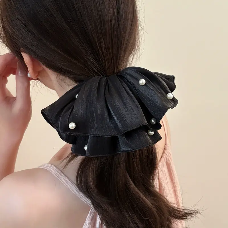 High-End Super Fairy Imitation Pearl Mesh Headband with Pleated Texture Floral Hair Rope Ponytail Accessory