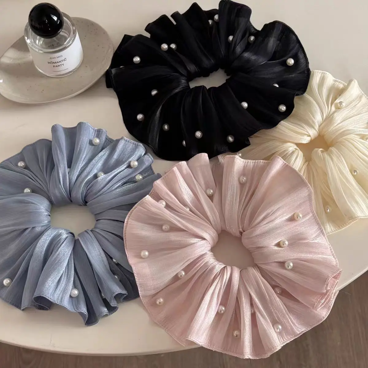 High-End Super Fairy Imitation Pearl Mesh Headband with Pleated Texture Floral Hair Rope Ponytail Accessory