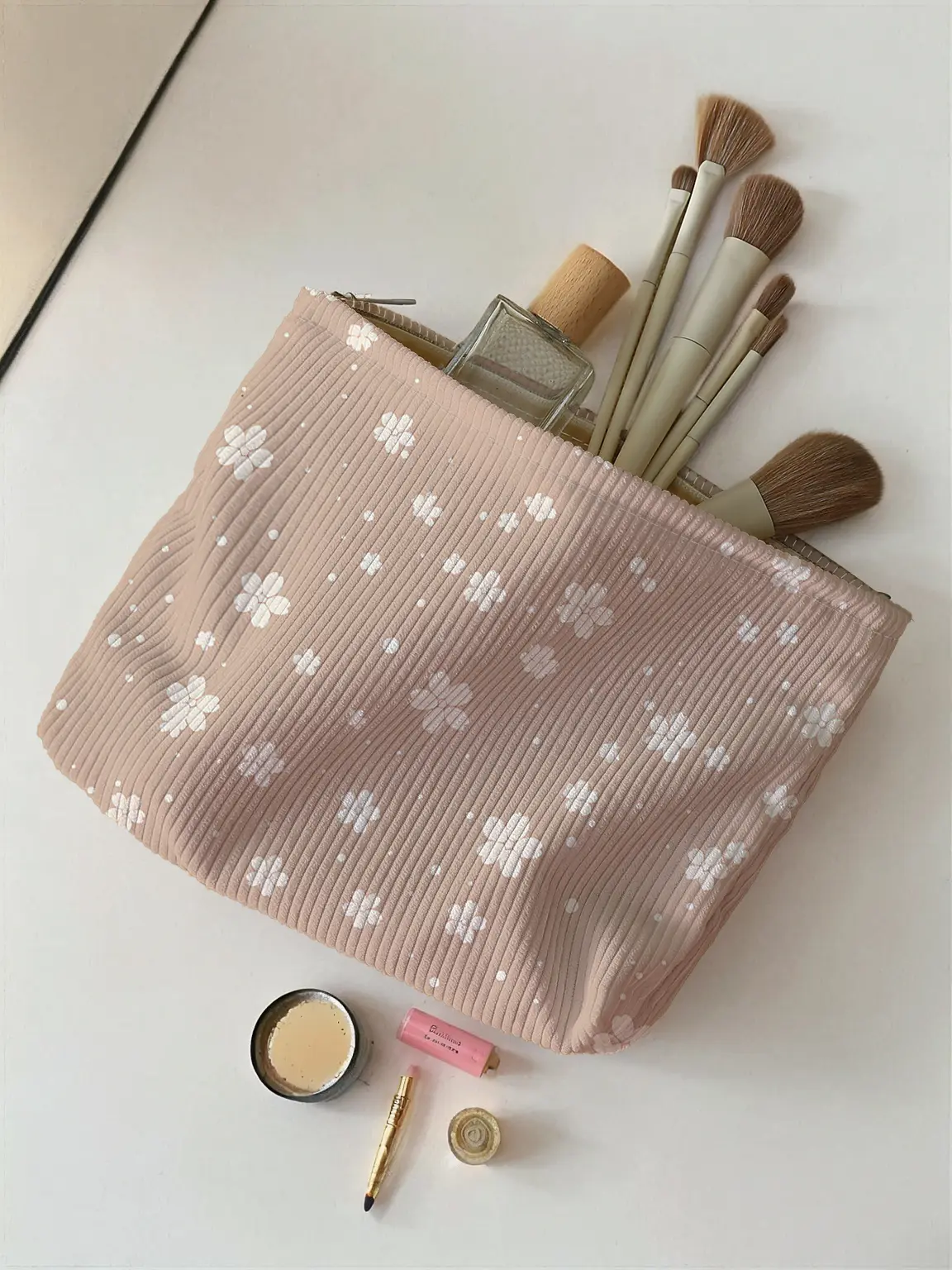 1pc，Floral patterned corduroy zipper makeup bag, lightweight and multifunctional makeup storage bag