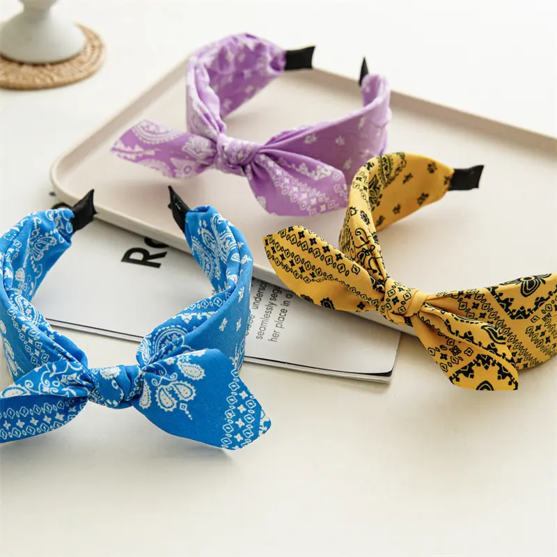 Fashion Paisley Bandana Headband For Women Top Knotted Bow Hairbands Cute Rabbit Ear Turban Headwrap Hair Band Girls Accessories