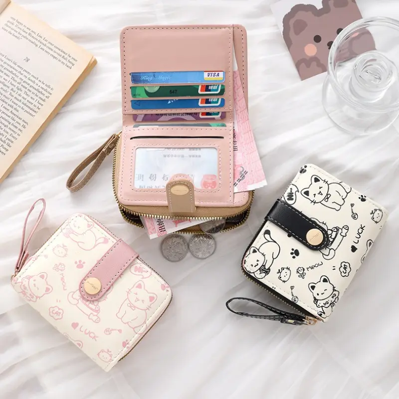Cute Cat Coin Purse Women Fashion Short Wallet PU Leather Large Capacity Wallet Lightweight ID Card Holder Travel Cash Coin Bag