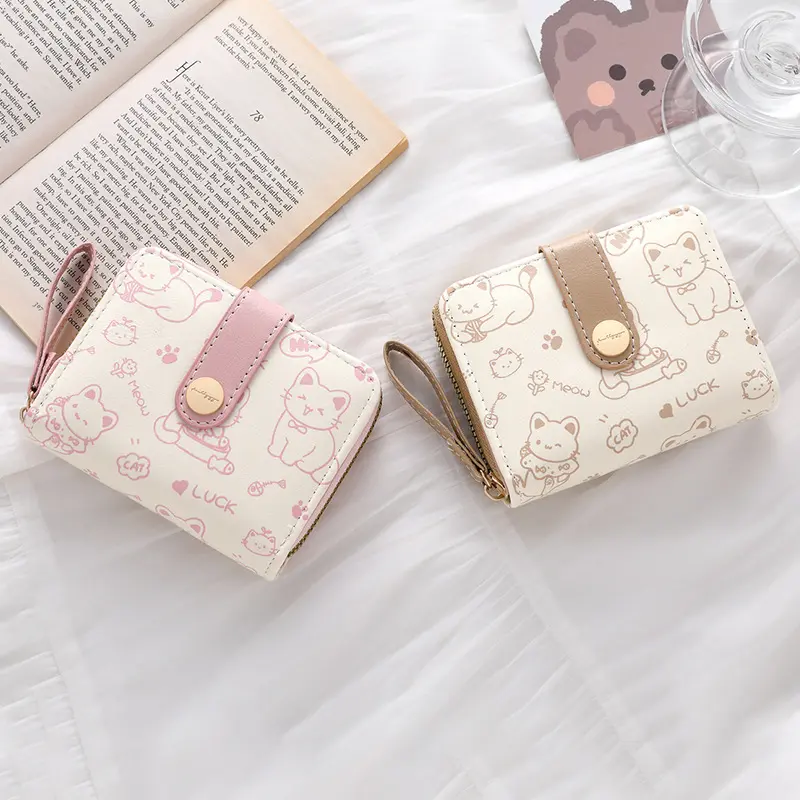Cute Cat Coin Purse Women Fashion Short Wallet PU Leather Large Capacity Wallet Lightweight ID Card Holder Travel Cash Coin Bag