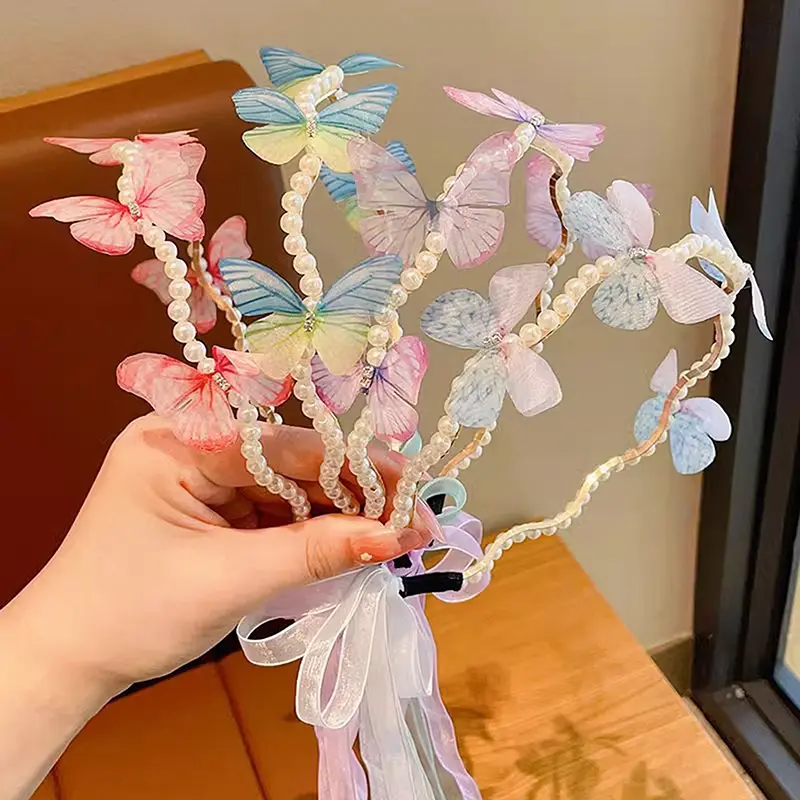 Butterfly Headband Children Streamer Hair Hoop Baby Cute Princess Female Cute Pearl Hairband Finishing Hairpin Hair Accessorie