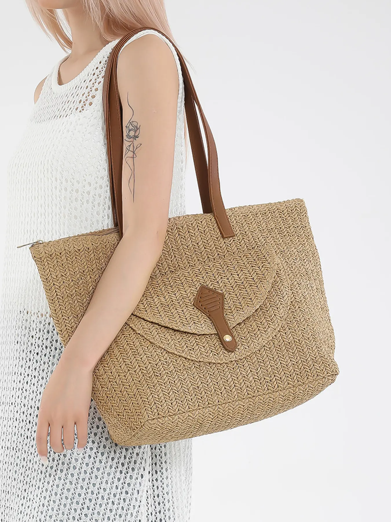 Fashion Large Capacity Woven Tote Bag, New Beach VacationOne Shoulder Underarm Straw Large Bag