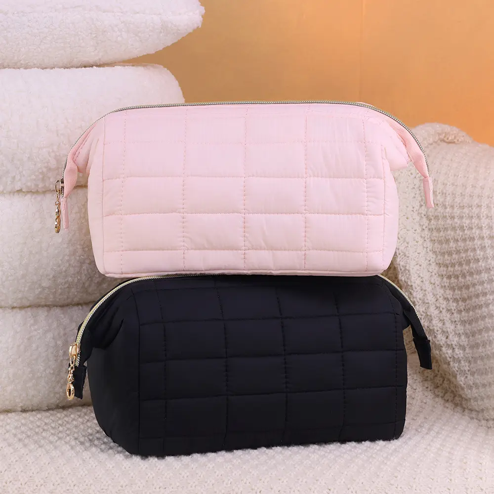 Quilted Women's Makeup Cosmetic Bag Organizer Wide Opening Pocket Travel Essential Toiletries Accessories Brush Toiletry Bag