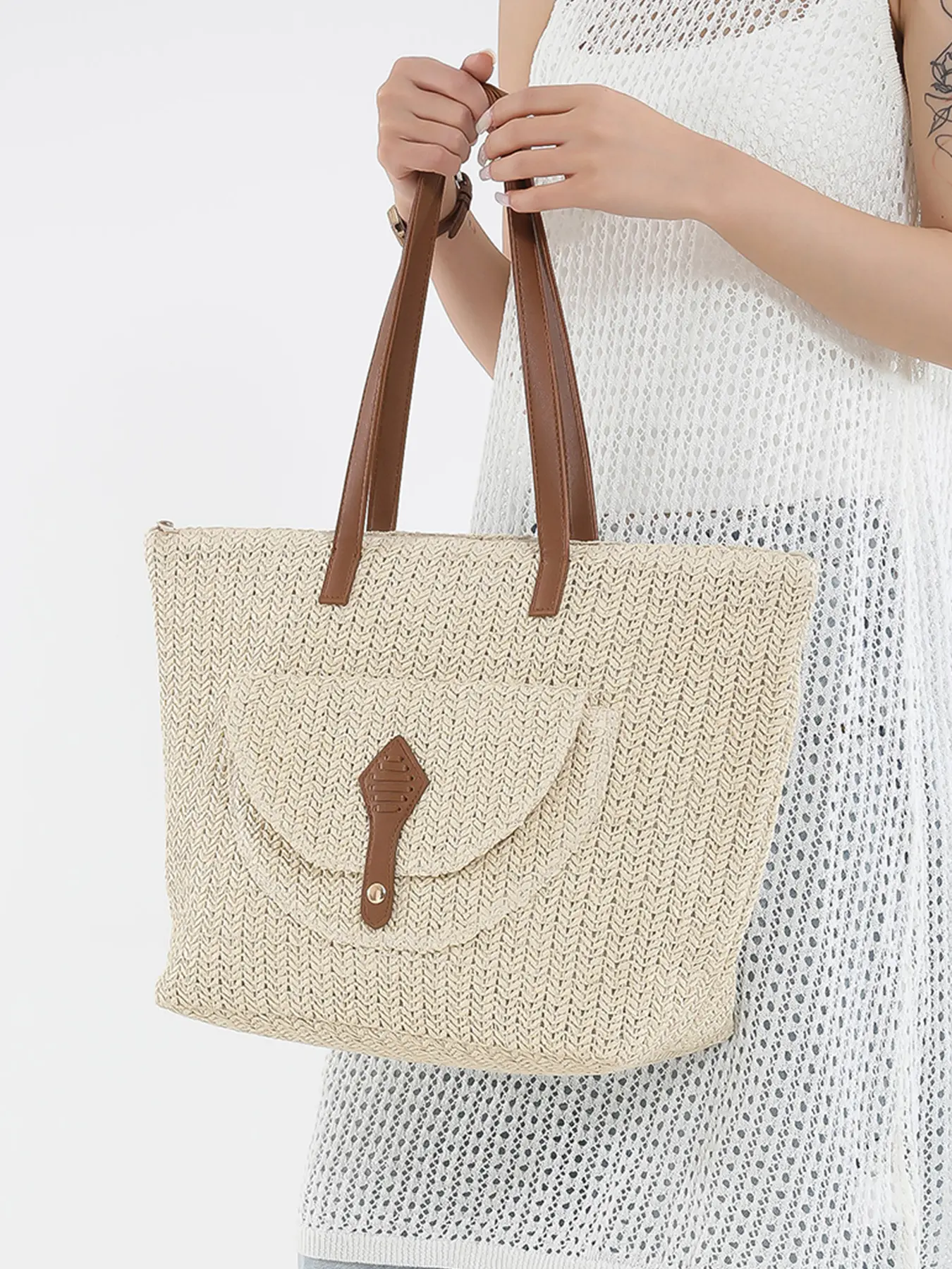 Fashion Large Capacity Woven Tote Bag, New Beach VacationOne Shoulder Underarm Straw Large Bag