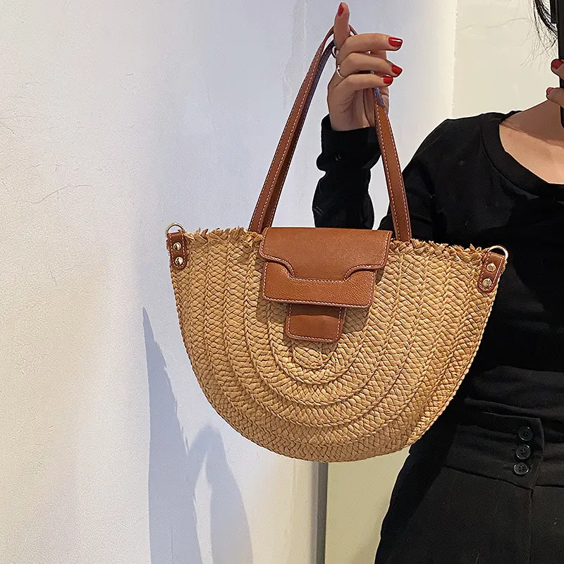 Women Summer Straw Bag Woven Beach Shoulder Bags Casual Designer Saddle Shopper Totes Female Large Capacity Travel Handbag bolsa
