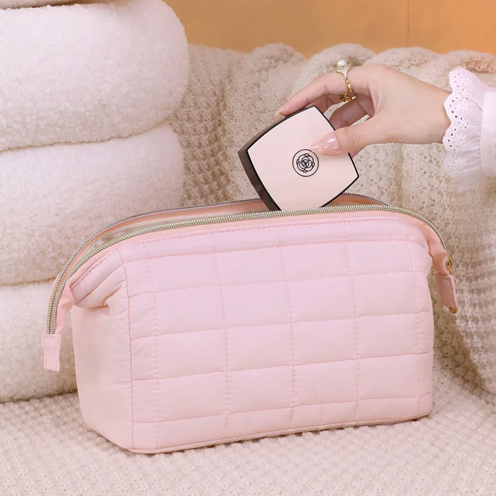 Quilted Women's Makeup Cosmetic Bag Organizer Wide Opening Pocket Travel Essential Toiletries Accessories Brush Toiletry Bag