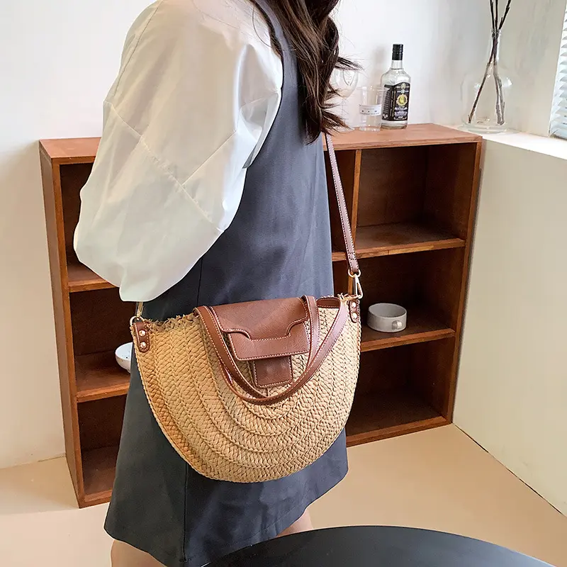 Women Summer Straw Bag Woven Beach Shoulder Bags Casual Designer Saddle Shopper Totes Female Large Capacity Travel Handbag bolsa