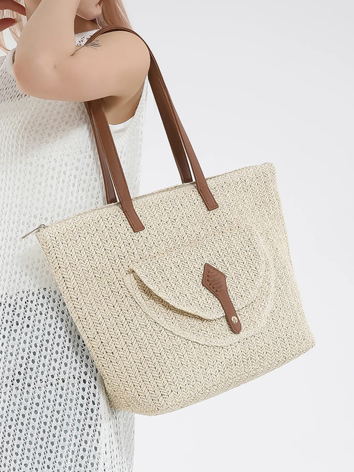 Fashion Large Capacity Woven Tote Bag, New Beach VacationOne Shoulder Underarm Straw Large Bag