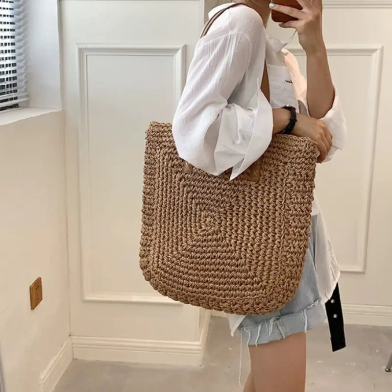 Handmade Woven Straw Beach Bag Large Capacity Shoulder Bag Women Raffia Travel Shopper Totes Summer Vacation Casual Handbags