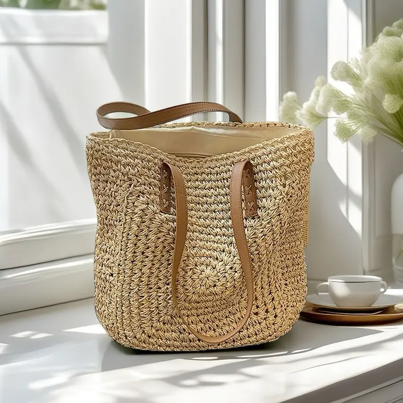 Handmade Woven Straw Beach Bag Large Capacity Shoulder Bag Women Raffia Travel Shopper Totes Summer Vacation Casual Handbags