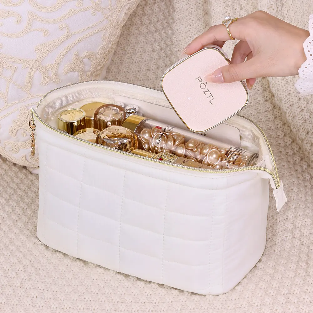 Quilted Women's Makeup Cosmetic Bag Organizer Wide Opening Pocket Travel Essential Toiletries Accessories Brush Toiletry Bag