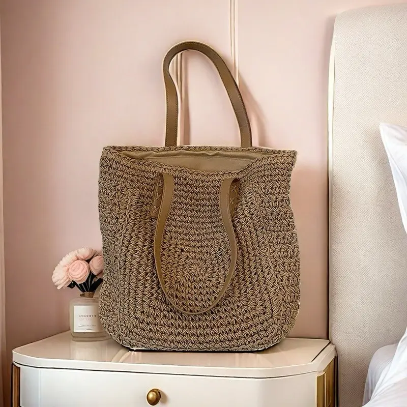 Handmade Woven Straw Beach Bag Large Capacity Shoulder Bag Women Raffia Travel Shopper Totes Summer Vacation Casual Handbags