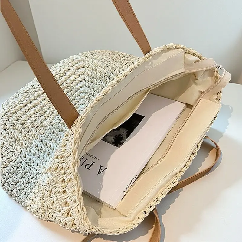 Handmade Woven Straw Beach Bag Large Capacity Shoulder Bag Women Raffia Travel Shopper Totes Summer Vacation Casual Handbags
