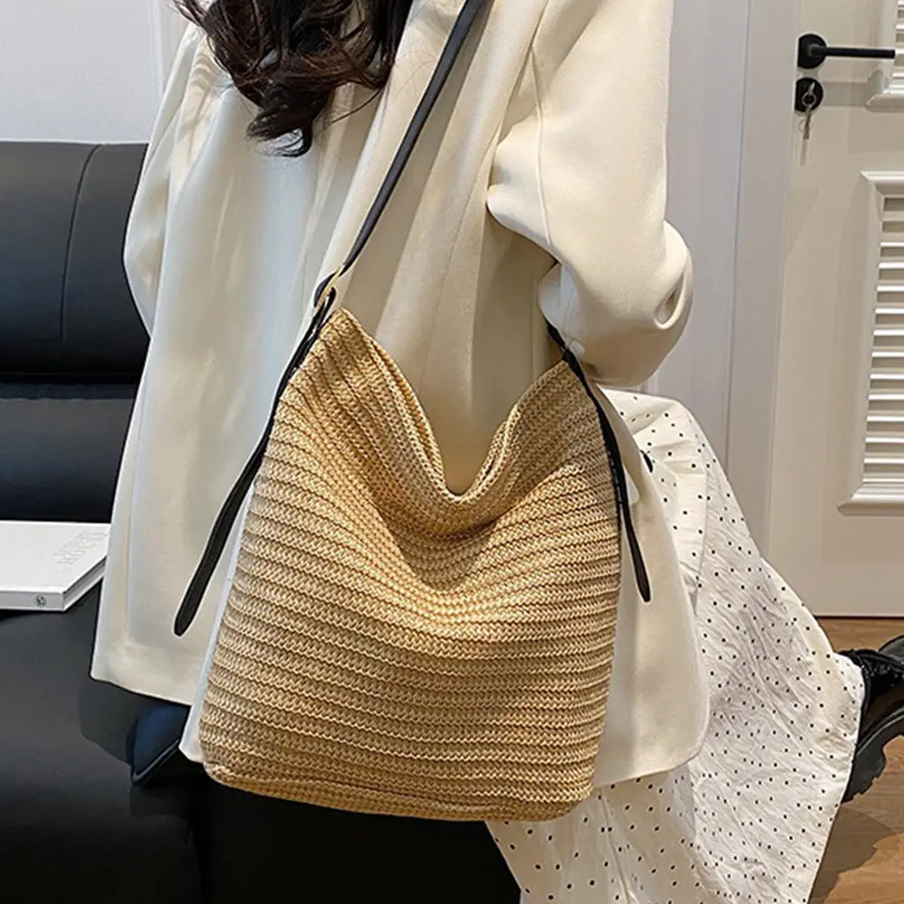 Handmade Braid Straw Bag Large Capacity Summer Beach Shoulder Bag Women Girls Fashion Handbag Rattan Woven Tote Bag for Ladies